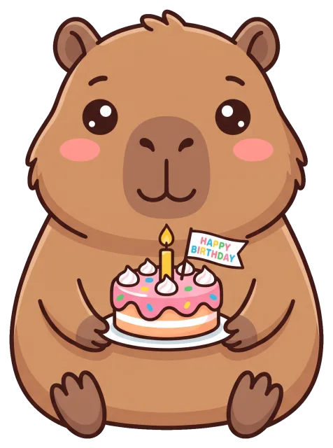 Cute capybara holding a birthday cake with candle