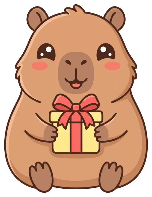 Cute capybara holding a gift box with a red ribbon
