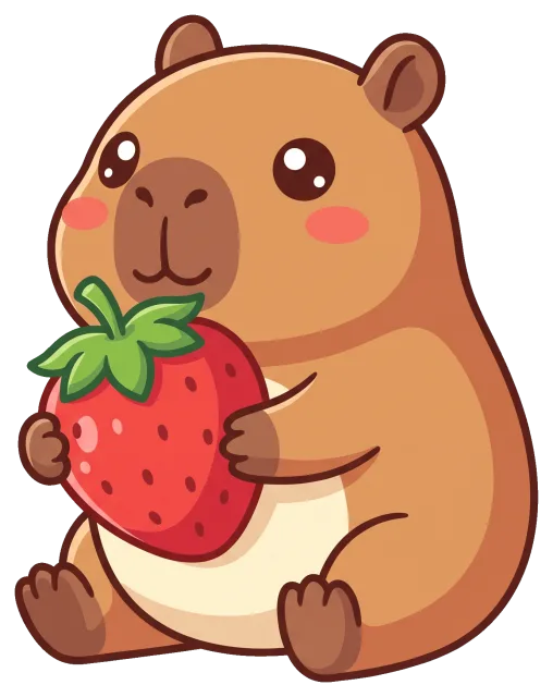 Cute capybara holding a large strawberry
