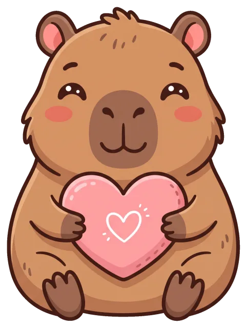 Cute capybara holding a pink heart with a smile