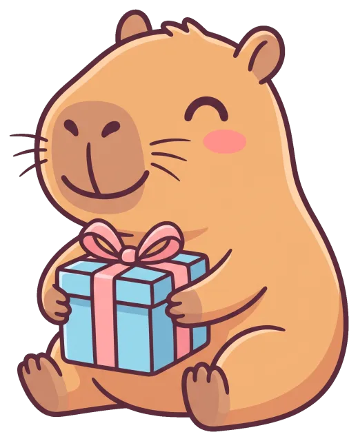 Smiling capybara holding a gift box with a pink ribbon