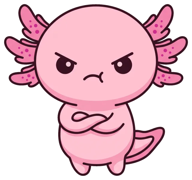 Cute angry pink axolotl cartoon character with crossed arms