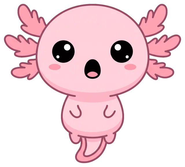 Cute cartoon pink axolotl with big eyes and surprised expression