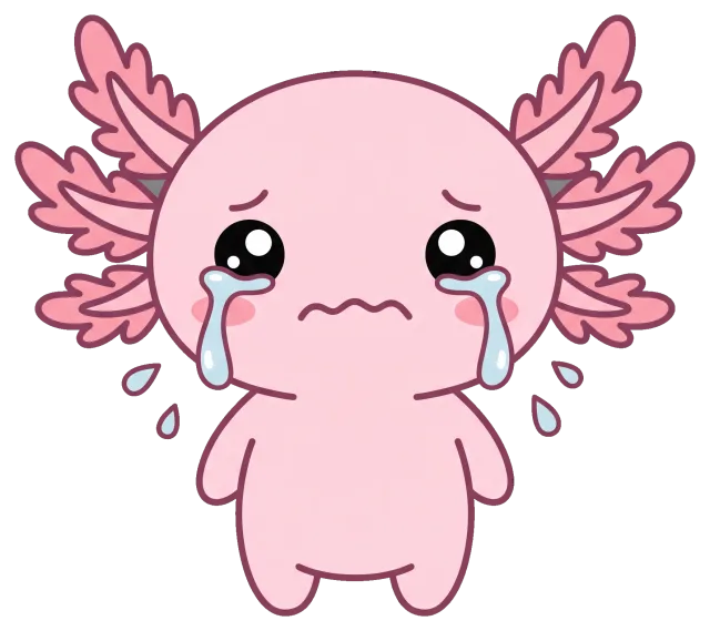 Cute crying pink axolotl with big teary eyes