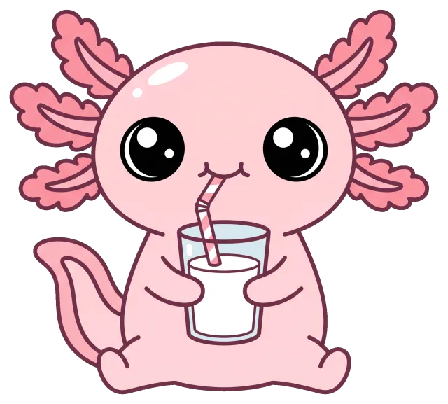 Cute pink axolotl drinking milk with a straw