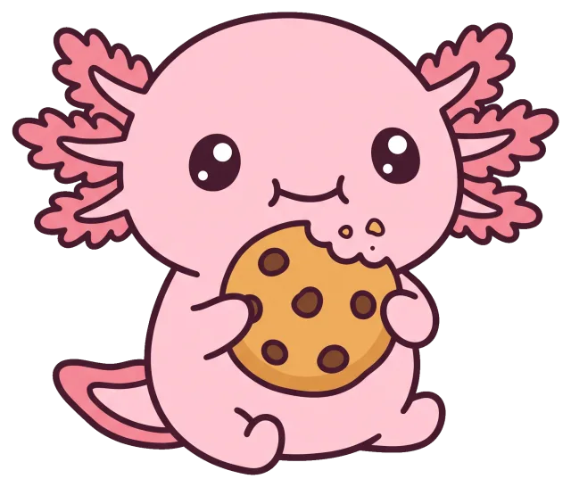Cute pink axolotl eating a chocolate chip cookie