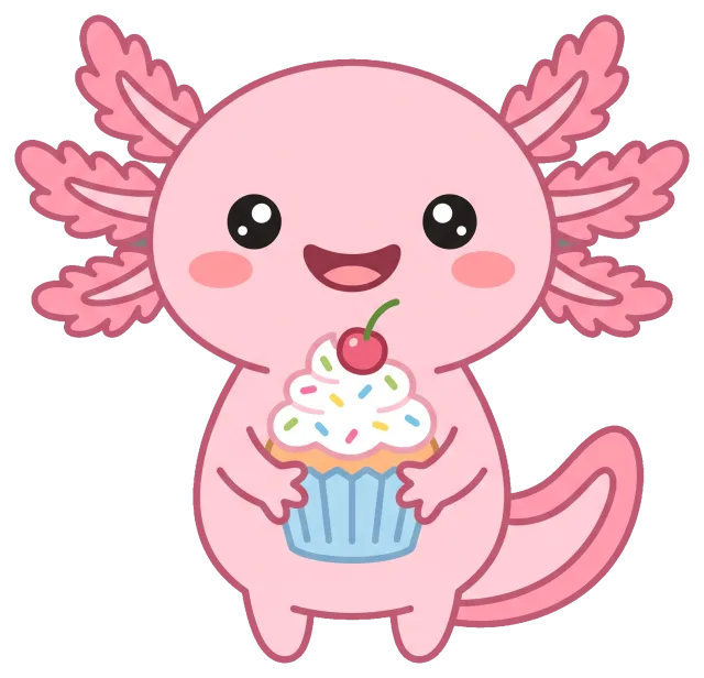 Cute pink axolotl holding a cupcake with cherry on top