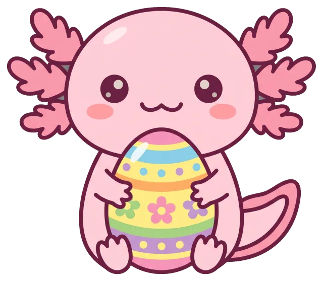 Cute pink axolotl holding a decorated Easter egg