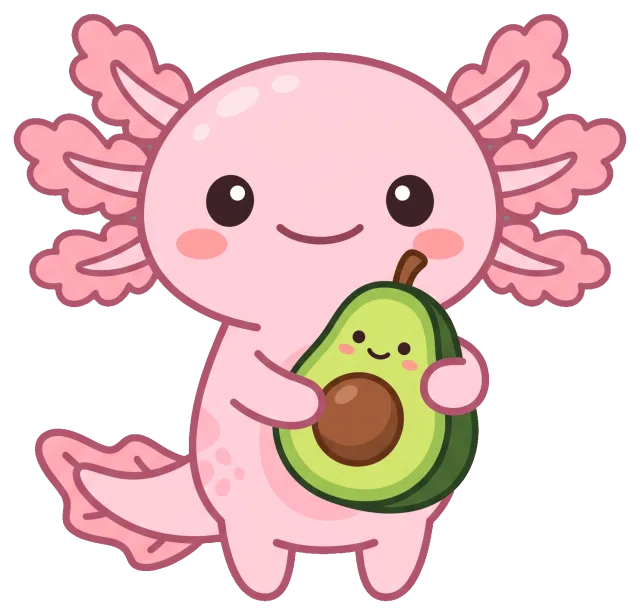 Cute pink axolotl holding a smiling avocado