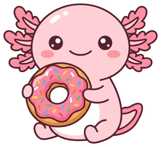 Cute pink axolotl holding a sprinkled donut