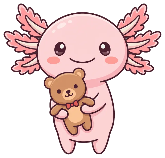 Cute pink axolotl holding a teddy bear with a bow tie