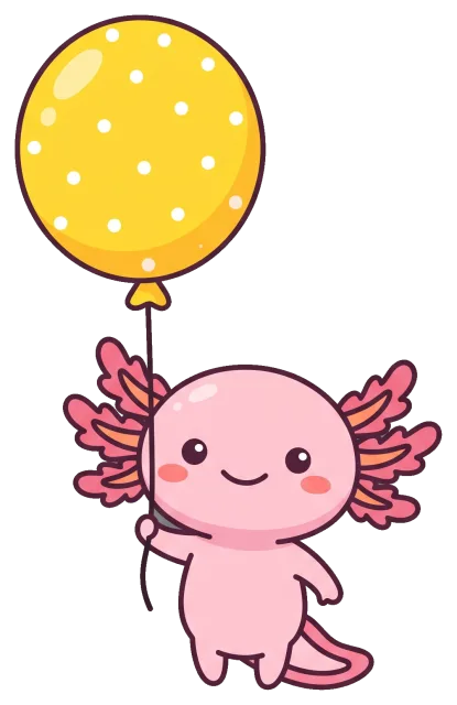 Cute pink axolotl holding a yellow polka dot balloon
