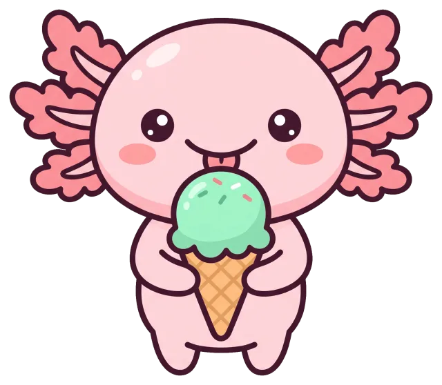Cute pink axolotl holding an ice cream cone