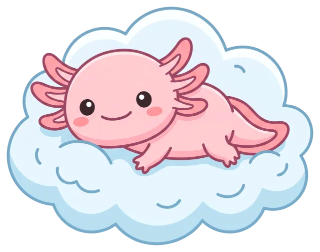 Cute pink axolotl resting on a fluffy cloud