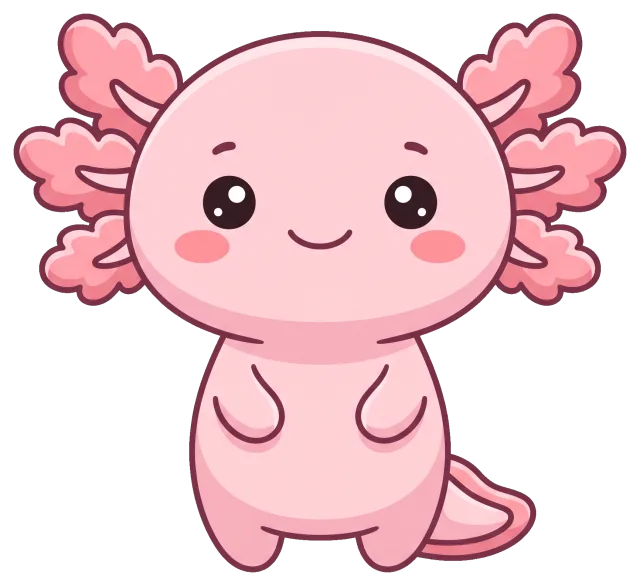 Cute pink axolotl with big eyes and feathery gills