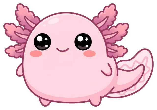 Cute pink axolotl with big eyes and feathery gills