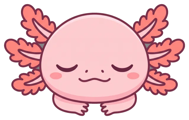 Cute pink axolotl with closed eyes and feathery gills