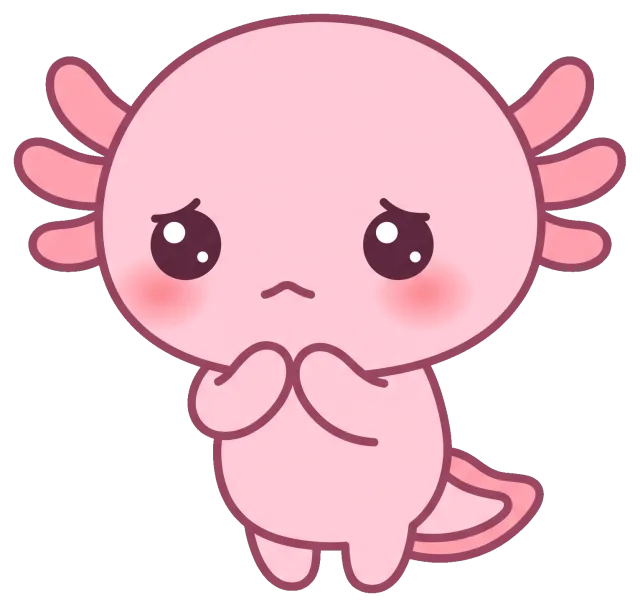 Cute sad pink axolotl cartoon character