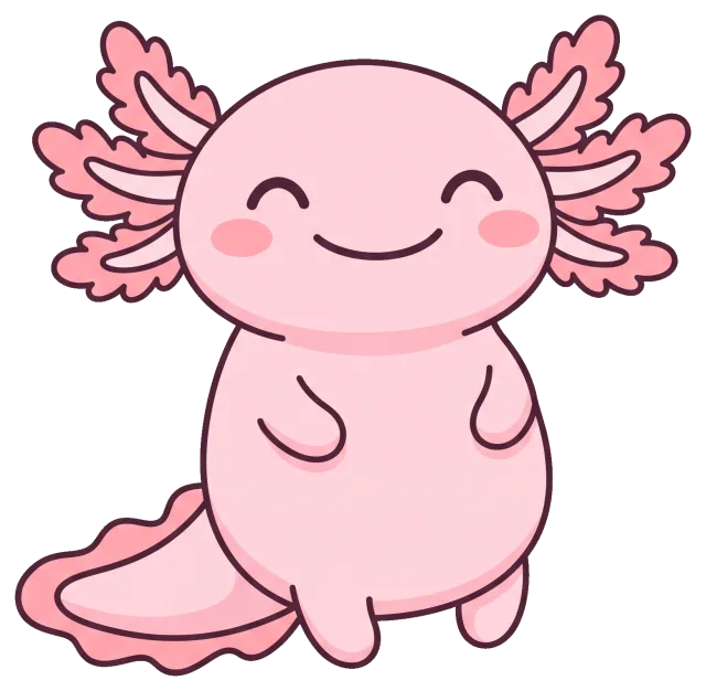 Cute smiling pink axolotl cartoon character