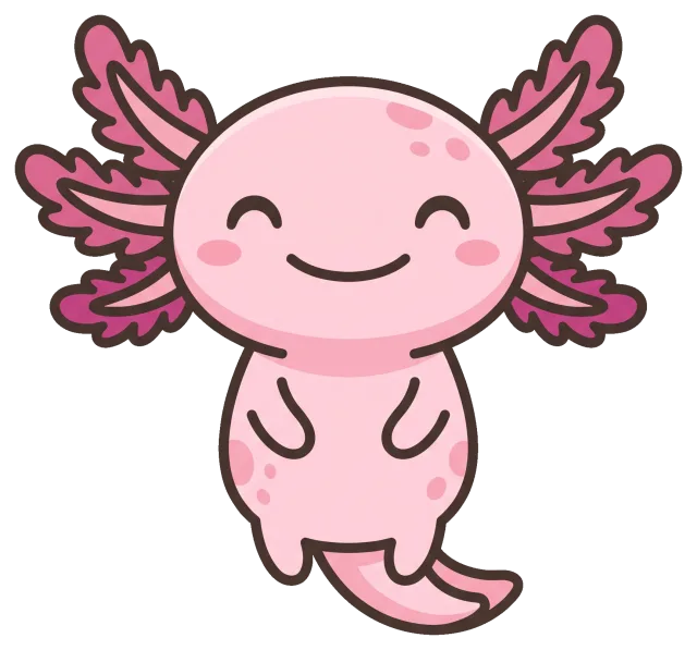 Cute smiling pink axolotl with feathery gills