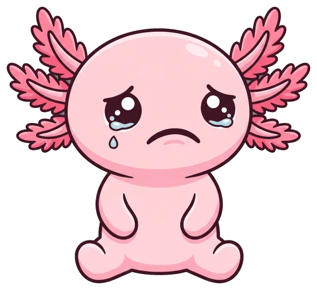 Sad crying pink axolotl cartoon character
