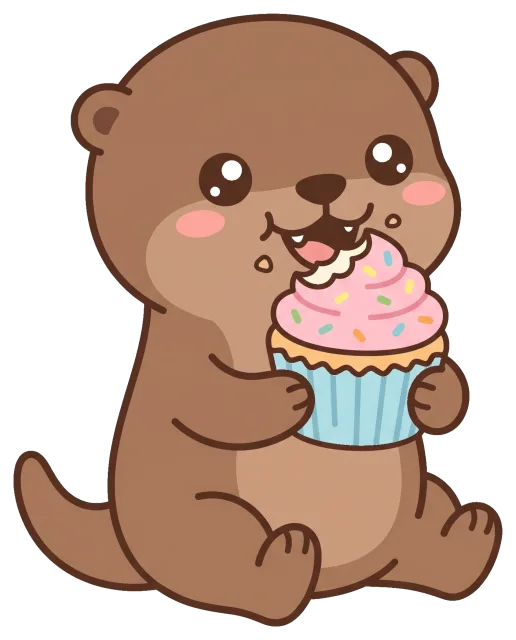 Cute otter happily eating a cupcake with pink frosting