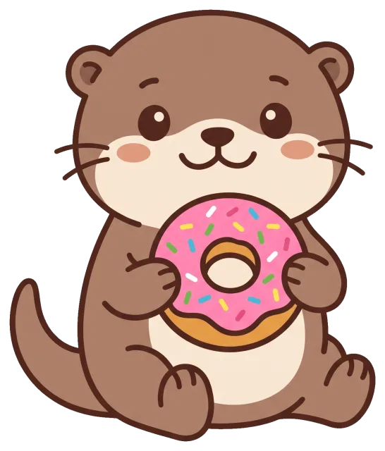 Cute otter holding a pink frosted donut with sprinkles