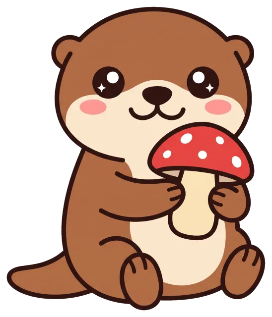 Cute otter holding a red mushroom with white spots