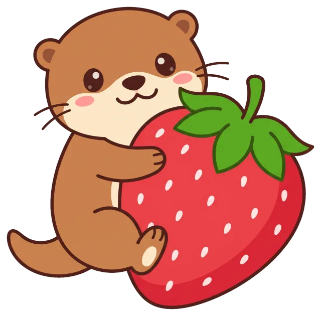 Cute otter hugging a large strawberry cartoon