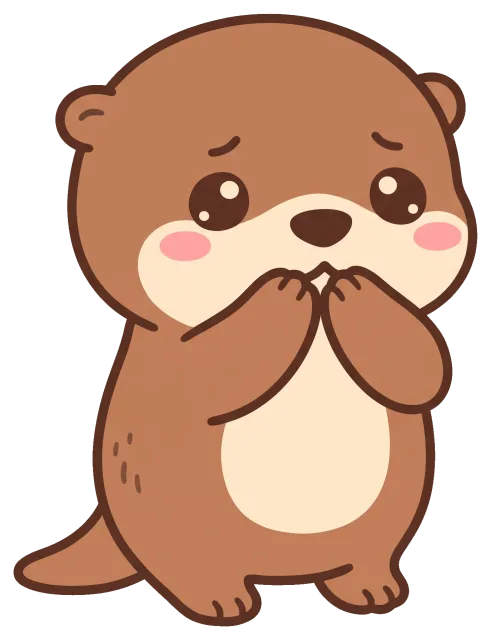 Cute worried otter cartoon character with paws near mouth