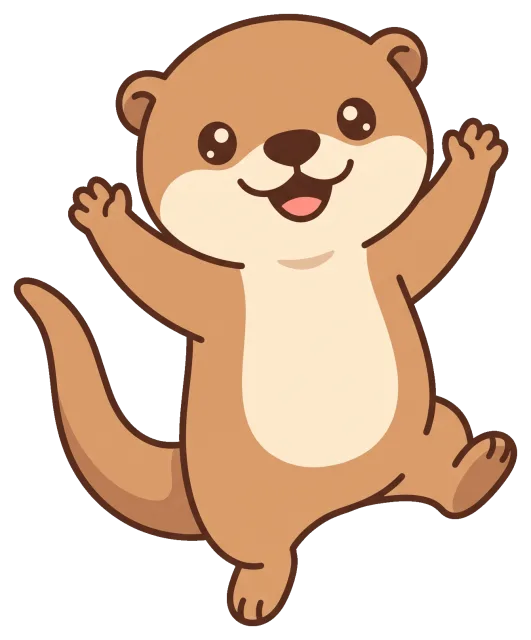 Happy cartoon otter with arms raised and smiling face