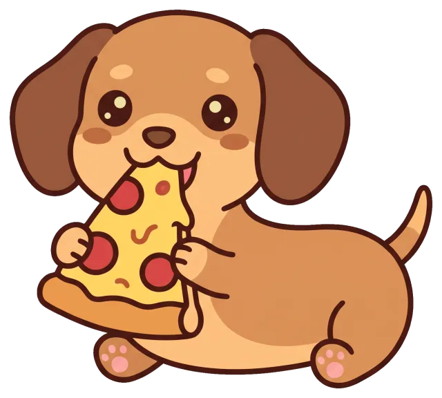 Cute dachshund puppy eating a slice of pepperoni pizza