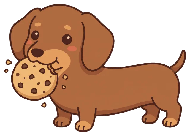 Cute dachshund puppy holding a chocolate chip cookie