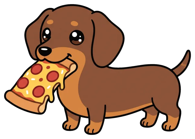 Cute dachshund puppy holding a slice of pepperoni pizza