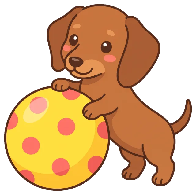 Cute dachshund puppy playing with a yellow polka dot ball