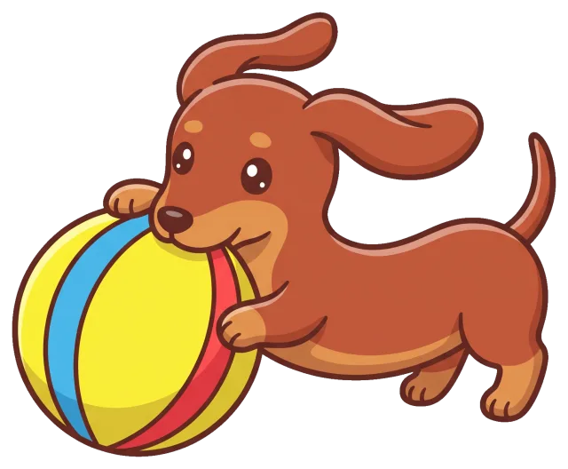Cute dachshund puppy playing with colorful ball