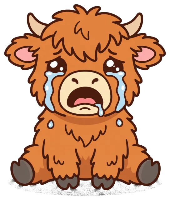 Crying highland cow cartoon character with tears