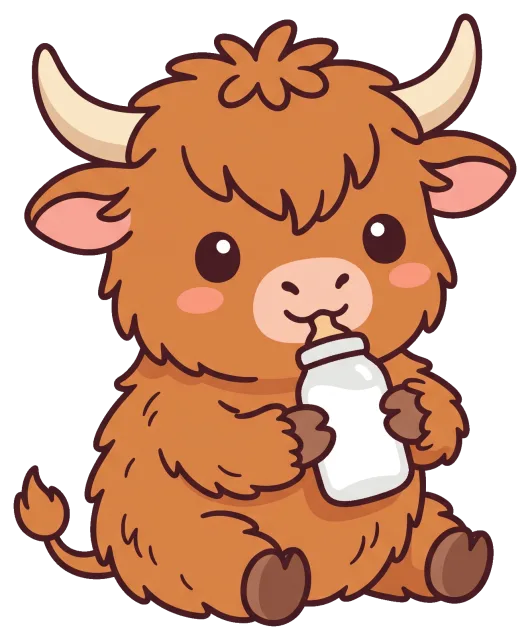 Cute baby highland cow drinking from a milk bottle