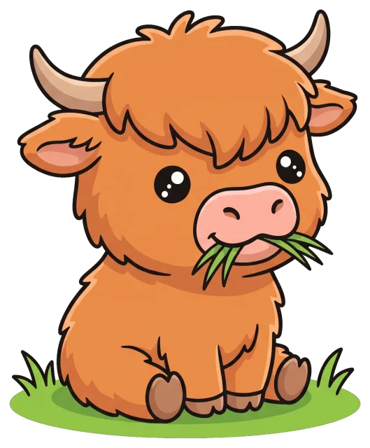 Cute cartoon highland cow sitting and chewing grass