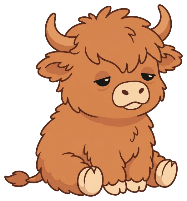 Cute cartoon highland cow sitting with a sleepy expression