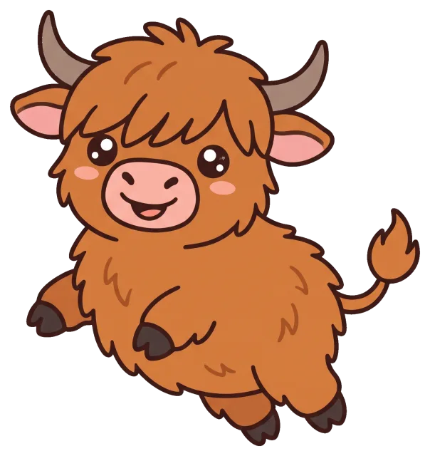 Cute cartoon highland cow with fluffy fur and big eyes