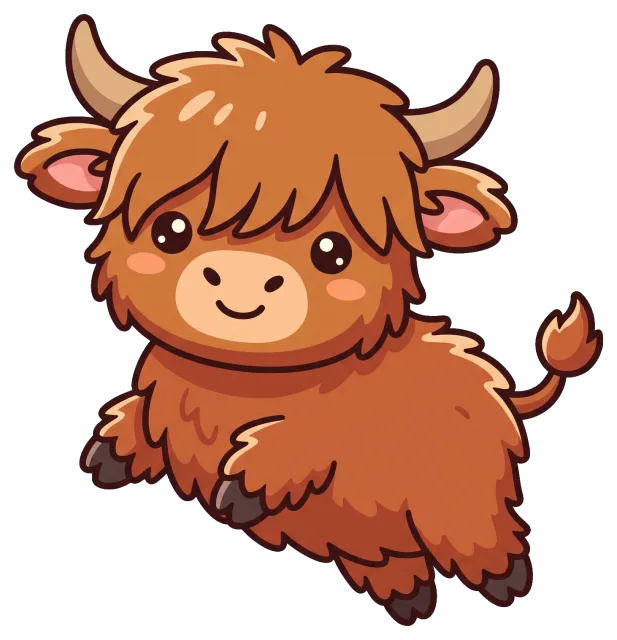 Cute cartoon highland cow with fluffy fur and horns