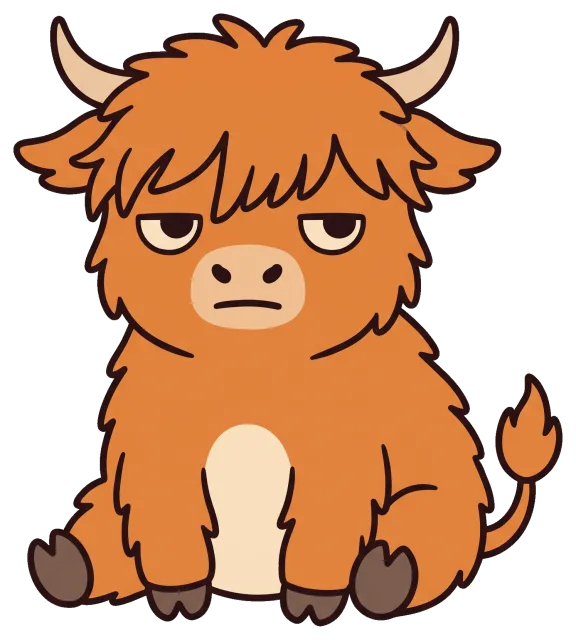 Cute cartoon highland cow with shaggy hair sitting