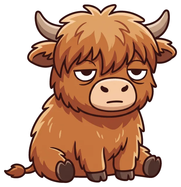 Cute cartoon highland cow with sleepy expression