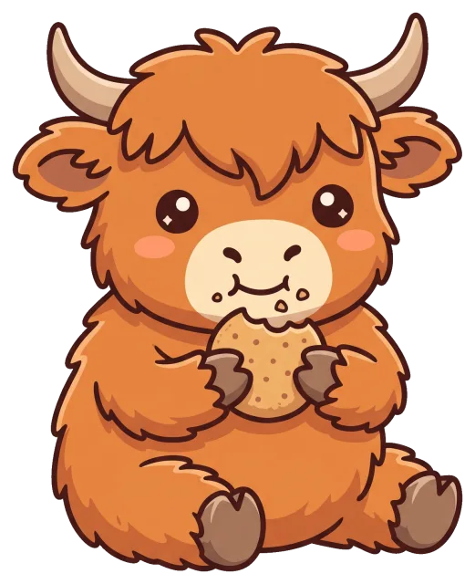 Cute highland cow eating a cookie cartoon