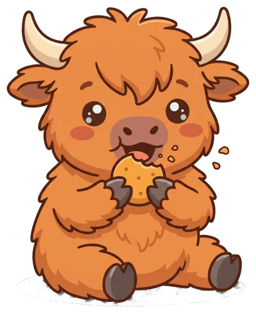 Cute highland cow eating a cookie cartoon