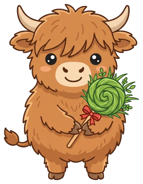 Cute Highland Cow Holding a Green Lollipop with Red Bow
