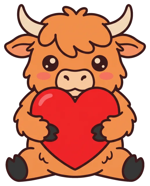 Cute highland cow holding a red heart