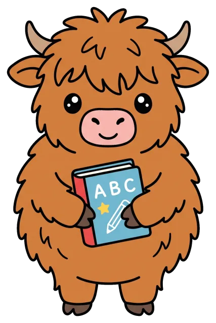 Cute highland cow holding ABC book