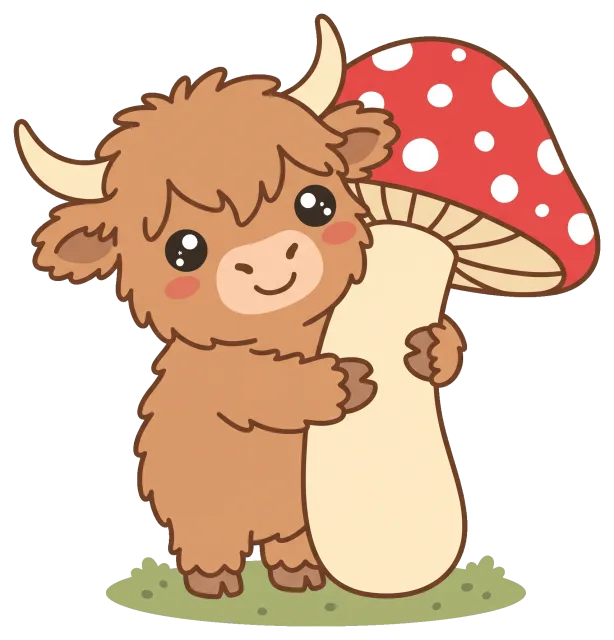 Cute highland cow hugging a large red mushroom